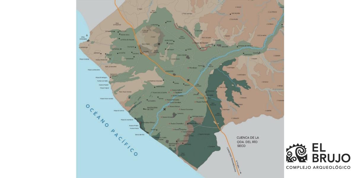 Distribución de sitios Lambayeque en el valle de Chicama: Los puntos negros representan pueblos y ciudades y los de color rojo señalan sitios arqueológicos. 